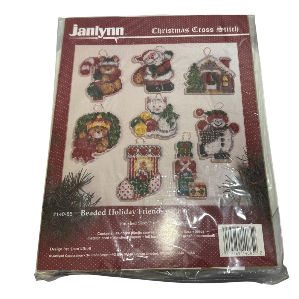 Vintage Janlynn Beaded Holiday Friends Cross Stitch Kit Joan Elliott 8 Ornaments